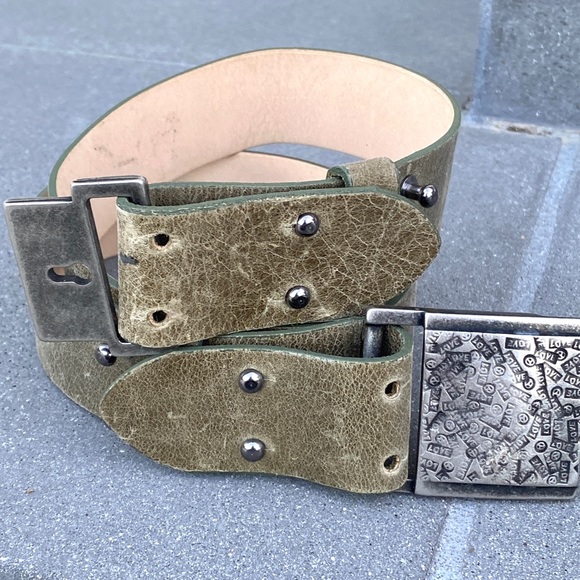 STREETS AHEAD leather belt unique green silver Love Buckle embossed hip waist L - Picture 4 of 14